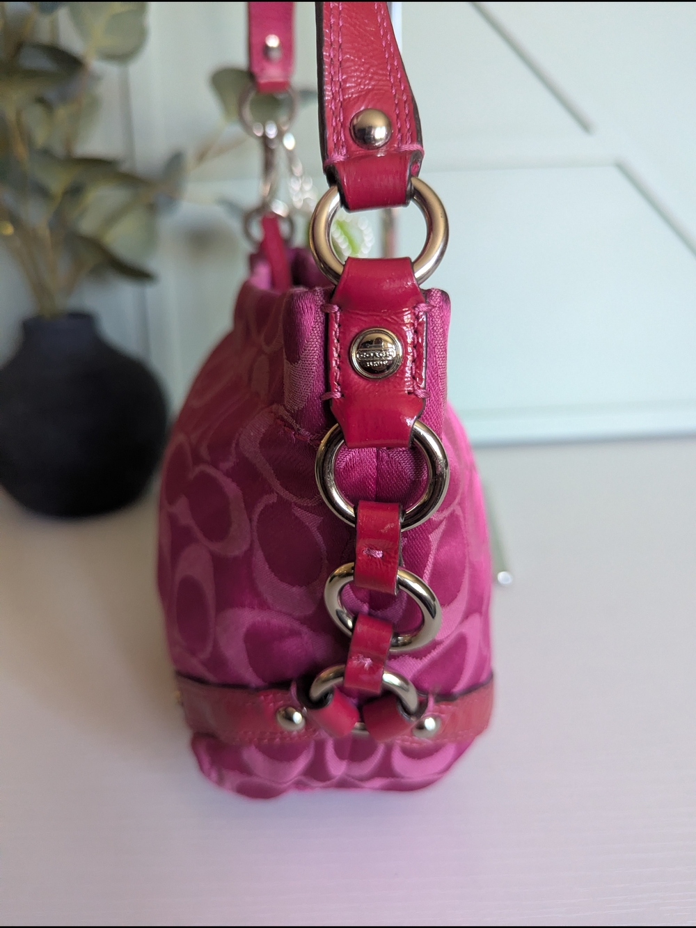 Coach Pink Signature Jacquard Shoulder Bag with Pearl Charm - Picture 10 of 16